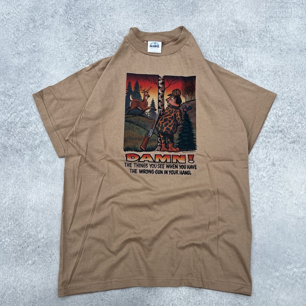 Vintage 90s Style Light Brown Funny Cartoon Hunting Gun Graphic Cotton T-Shirt